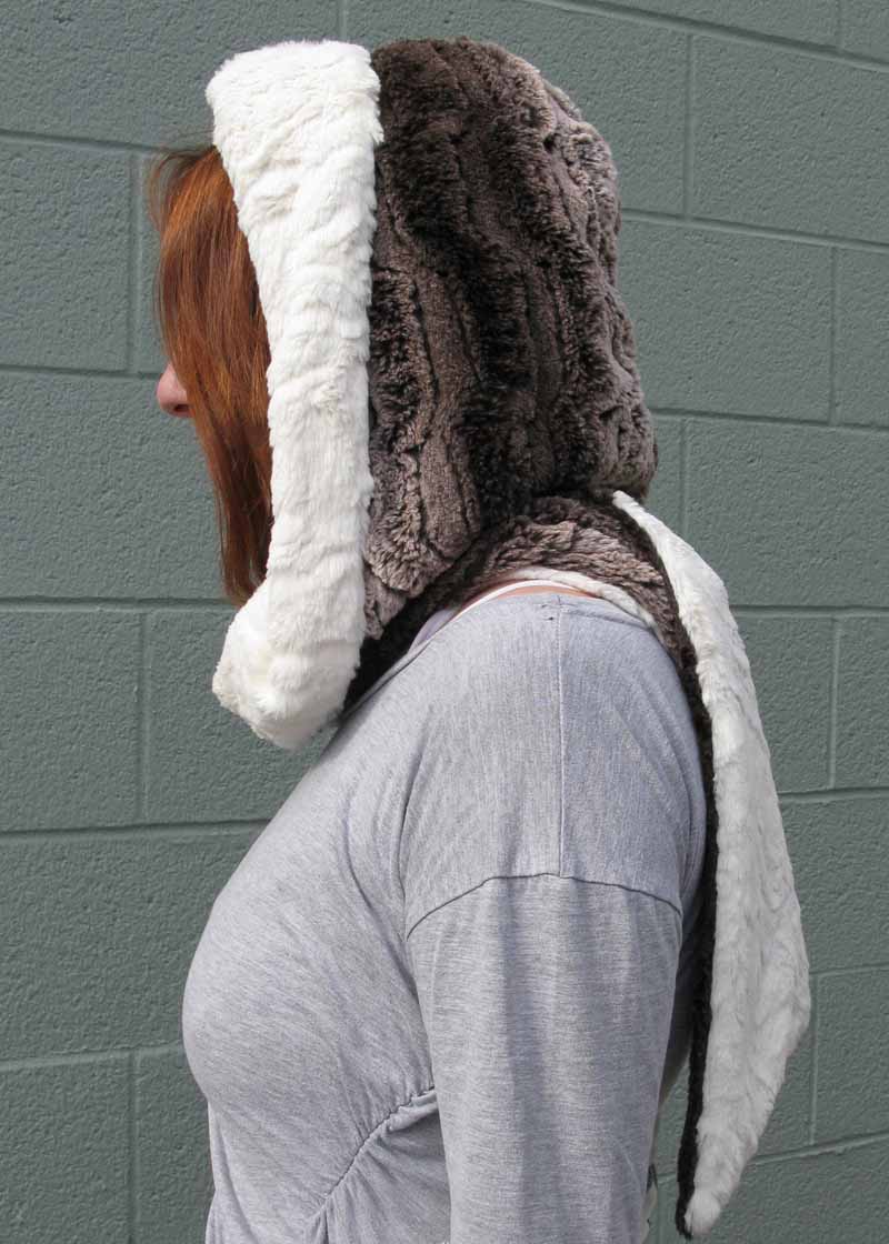 Faux Fur Hoody Scarf in Brown Chinchilla/Ivory